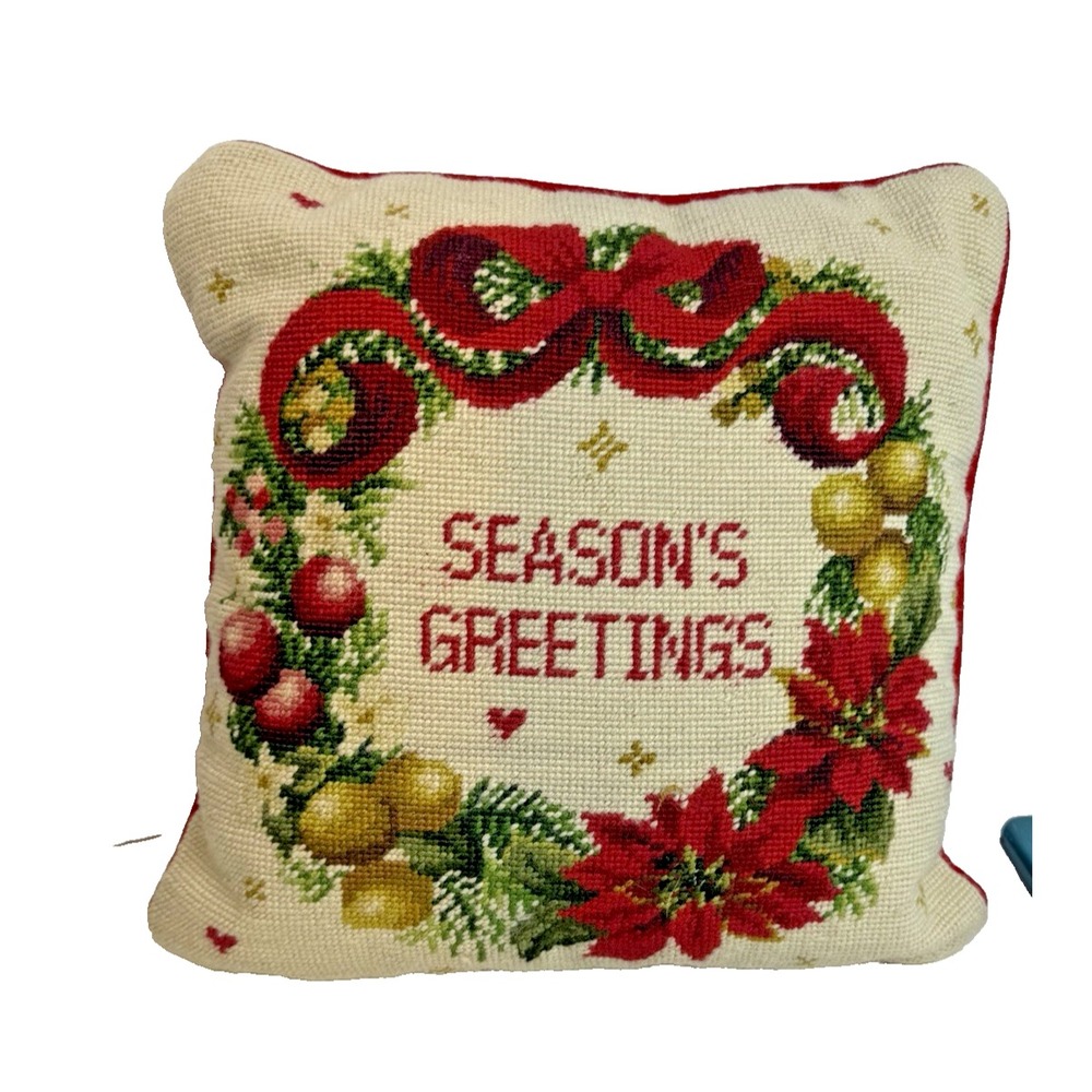 Vintage Imperial Elegance‎ Needlepoint Pillow Christmas Seasons Greetings Wool